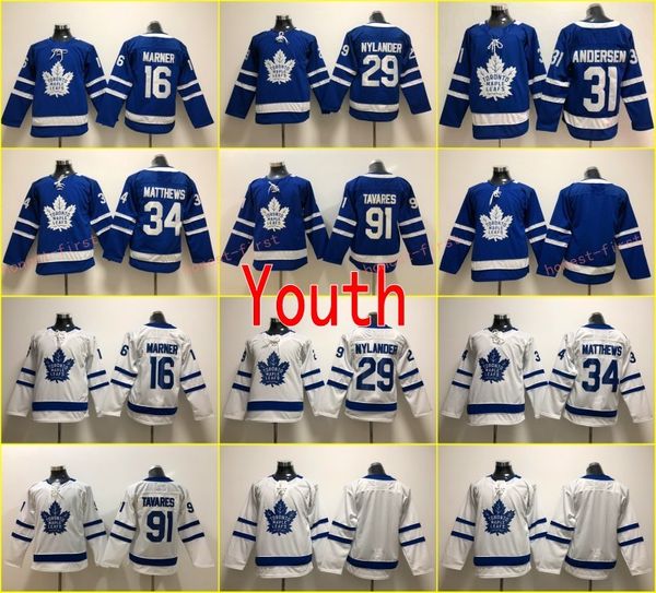 

Youth Kids Toronto Maple Leafs #34 Auston Matthews Jerseys 29 William Nylander 16 Mitch Marner 91 John Tavares Blank Blue White Stitched