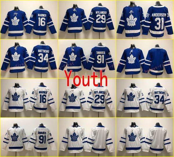 

Youth Kids Toronto Maple Leafs #34 Auston Matthews Jerseys 29 William Nylander 16 Mitch Marner 91 John Tavares Blank Blue White Stitched