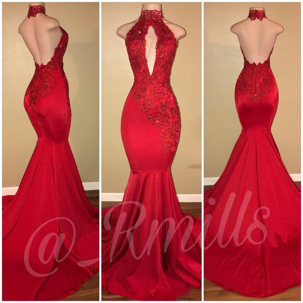 

2018 Halter Backless Long Prom Dress Mermaid Appliques Lace Formal Holidays Wear Graduation Evening Party Gown Custom Made Plus Size
