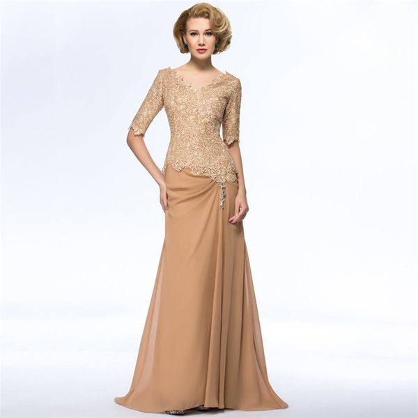 gold chiffon long mother of the bride dress sheath 1/2 sleeves v neck lace wedding party plus size, Black;red
gold chiffon long mother of the bride dress sheath 1/2 sleeves v neck lace wedding party plus size, Black;red