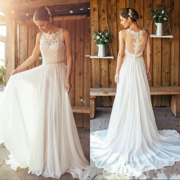2018 a line wedding dresses bohemian summer lace applique illusion sashes sheer back with button beach chiffon plus size formal bridal gowns, White
2018 a line wedding dresses bohemian summer lace applique illusion sashes sheer back with button beach chiffon plus size formal bridal gowns, White