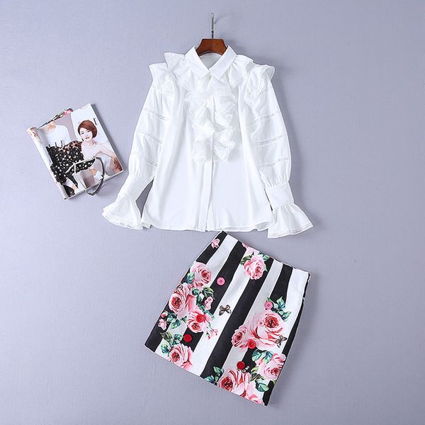 2018 designer runway suit set women's long sleeve ruffle blouse shirt floral mini skirt set, White
2018 designer runway suit set women's long sleeve ruffle blouse shirt floral mini skirt set, White