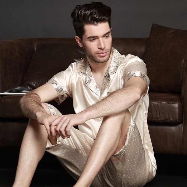 V-Neck Thoshine Spring Summer Autumn Men Satin Silk Pyjamas Sets of T-shirt & Shorts Male Pijama Sleepwear Leisure Home Clothing