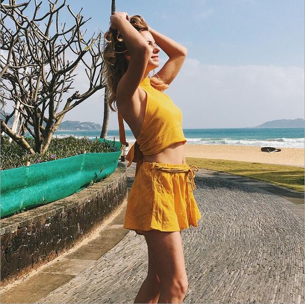 women's summer yellow two pieces mini dress sleeveless short pant with casual vacation beach clothing, White
women's summer yellow two pieces mini dress sleeveless short pant with casual vacation beach clothing, White
