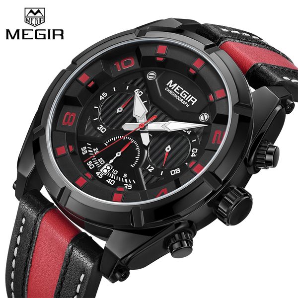 

megir watches men fashion sport watch man leather chronograph 24-hour quartz wristwatch clock relogio masculino, Slivery;brown