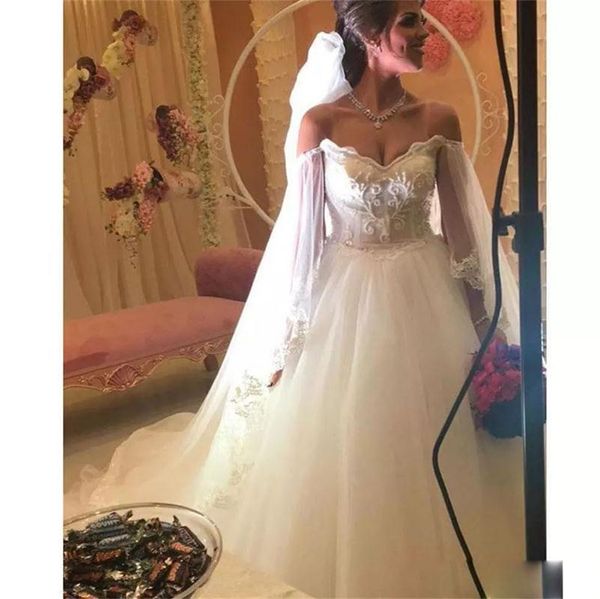 2018 beach wedding dresses off the shoulder 3d appliques illusion long sleeves wedding gowns a line tulle back zipper bridal dress, White
2018 beach wedding dresses off the shoulder 3d appliques illusion long sleeves wedding gowns a line tulle back zipper bridal dress, White