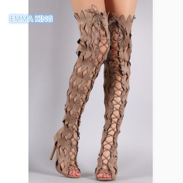

2018 autumn leaves hollow thigh high boots lace up over the knee women's boots peep toe stilettos cross strap botas mujer, Black