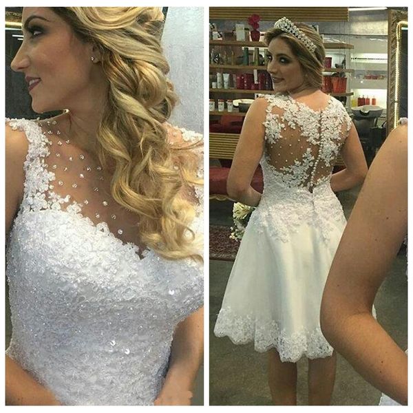 2021 sheer o-neck lace appliques wedding dresses beading knee length tank bridal gowns beaded appliqued short beach bride dress, White
2021 sheer o-neck lace appliques wedding dresses beading knee length tank bridal gowns beaded appliqued short beach bride dress, White