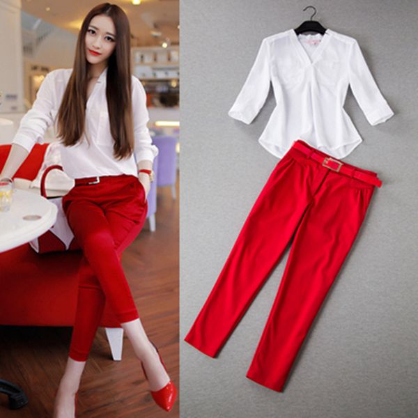 2017 new women summer suits blouse shirt two-piece suit brands loose v-neck chiffon shirt tight ankle pants women sets with belt, White;black
2017 new women summer suits blouse shirt two-piece suit brands loose v-neck chiffon shirt tight ankle pants women sets with belt, White;black