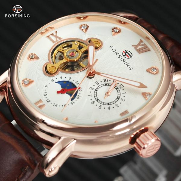 forsining auto mechanical watch men crystal decoration roman number moon phase chronograph display men luxury watch, Slivery;brown
forsining auto mechanical watch men crystal decoration roman number moon phase chronograph display men luxury watch, Slivery;brown