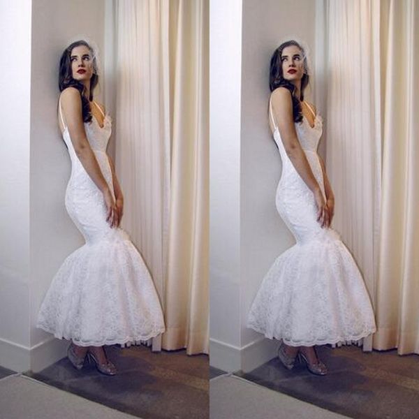 2018 elegant vintage lace mermaid wedding dresses spaghetti tea length bridal gowns custom made from china en12215, White
2018 elegant vintage lace mermaid wedding dresses spaghetti tea length bridal gowns custom made from china en12215, White