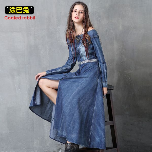 off shoulder summer women denim dress slash neck long sleeve jeans split long dresses casual party dress female belt 2018, White;black
off shoulder summer women denim dress slash neck long sleeve jeans split long dresses casual party dress female belt 2018, White;black