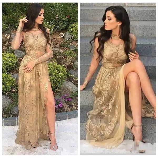 2019 split a line high neck long sleeves prom dresses with golden lace appliques evening party gowns custom vestidos de soirree, Black
2019 split a line high neck long sleeves prom dresses with golden lace appliques evening party gowns custom vestidos de soirree, Black