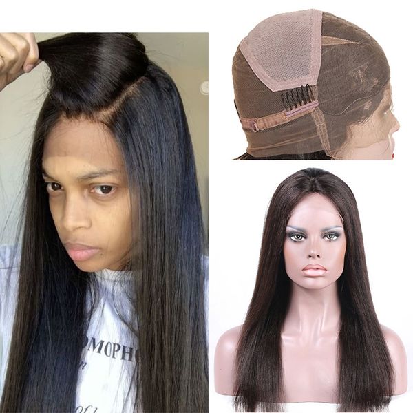 full lace human hair wigs straight pre-plucked natural hairline brazilian virgin hair 360 full lace wig with baby hair for black women, Black;brown