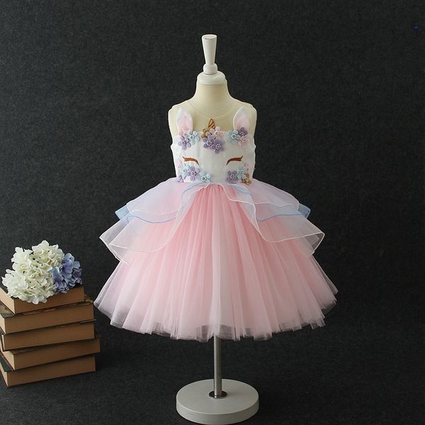 

girls dress new unicorn embroidery flower beading gauzze princess dress children clothes baby party tulle dress, Red;yellow