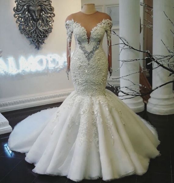 sheer neck mermaid wedding dresses vintage lace appliques beads long sleeves wedding dress plus size jewel sweep train bridal gowns vestidos, White
sheer neck mermaid wedding dresses vintage lace appliques beads long sleeves wedding dress plus size jewel sweep train bridal gowns vestidos, White
