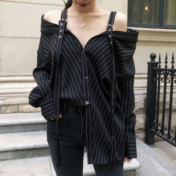 harajuku punk gothic off shoulder blouse shirt 2018 women new korean fashion strapless long sleeve vertical striped shirts, White
harajuku punk gothic off shoulder blouse shirt 2018 women new korean fashion strapless long sleeve vertical striped shirts, White