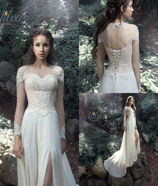 split front wedding dresses with lace applique long poet sleeve jewel sheer neck vestidos de novia lace-up bridal gowns, White
split front wedding dresses with lace applique long poet sleeve jewel sheer neck vestidos de novia lace-up bridal gowns, White