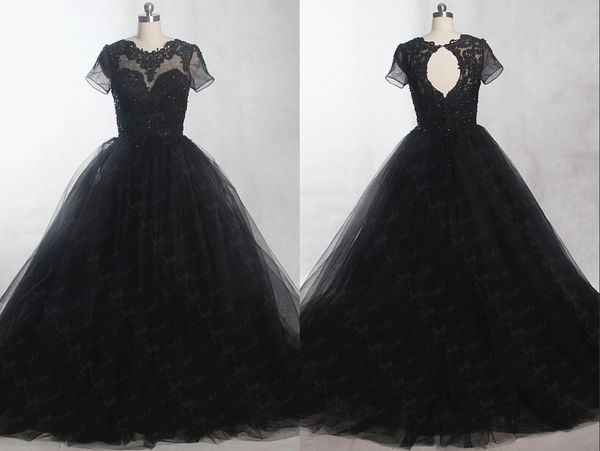 black wedding dress 2018 with short sleeves tulle sheer neck jewel style ball gown court train beaded sequin wedding gowns cheap, White
black wedding dress 2018 with short sleeves tulle sheer neck jewel style ball gown court train beaded sequin wedding gowns cheap, White