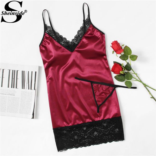sheinside 2018 burgundy v-neck spaghetti strap nightgowns women contrast lace panel slip dress with t-back thong sleepwear, Black;red
sheinside 2018 burgundy v-neck spaghetti strap nightgowns women contrast lace panel slip dress with t-back thong sleepwear, Black;red