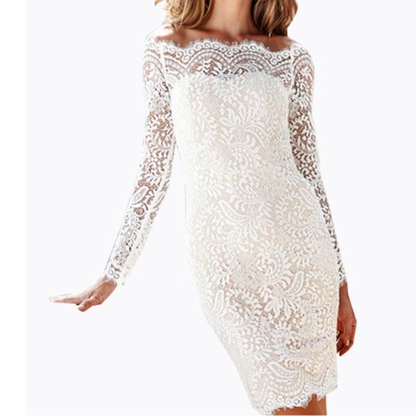 women off shoulder lace dress ladies evening long sleeves slim party bodycon mini dress, White;black
women off shoulder lace dress ladies evening long sleeves slim party bodycon mini dress, White;black