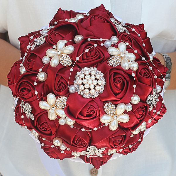 

18CM Dark Red Silk Rose Wedding Bouquet Rhinestone Pearl Bridal Bouquet White Ribbon Wedding Bridesmaid Bouquet