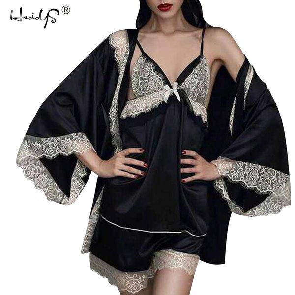 women lace satin pajamas sets with bathrobes lingerie three pieces sleepwear set female nightwear set high grade temptation, Blue;gray
women lace satin pajamas sets with bathrobes lingerie three pieces sleepwear set female nightwear set high grade temptation, Blue;gray
