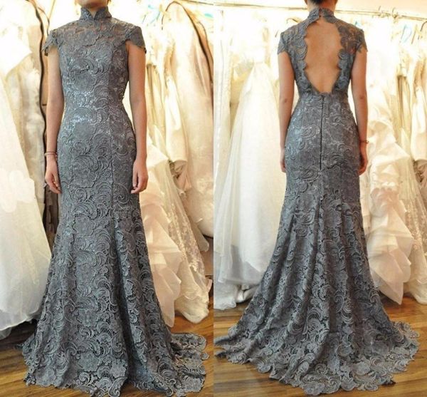 long mermaid gray lace mother of the bride dress high neck backless short sleeve floor length women formal gowns custom size, Black;red
long mermaid gray lace mother of the bride dress high neck backless short sleeve floor length women formal gowns custom size, Black;red