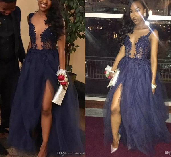 dark navy prom dresses lace appliques beaded deep v neck sweep train sequined stunning evening dress high split formal party gowns, Black
dark navy prom dresses lace appliques beaded deep v neck sweep train sequined stunning evening dress high split formal party gowns, Black