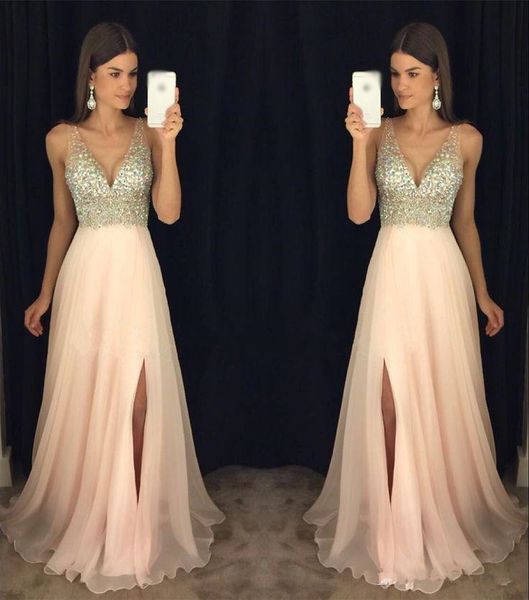2018 bling evening dresses wear v neck beading crystal a line sleeveless side split long homecoing party dress prom gowns, Black;red
2018 bling evening dresses wear v neck beading crystal a line sleeveless side split long homecoing party dress prom gowns, Black;red