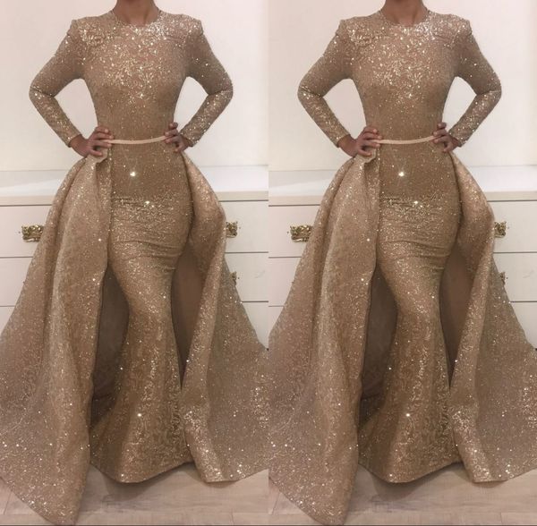sparkle champagne sequins evening dresses with detachable train mermaid illusion long sleeves celebrity formal wear gowns prom dresses, Black;red
sparkle champagne sequins evening dresses with detachable train mermaid illusion long sleeves celebrity formal wear gowns prom dresses, Black;red