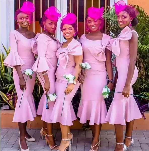 african pink tea length mermaid bridesmaid dresses with big bow elegant trumpet maid of honor dresses short wedding party gowns plus size, White;pink
african pink tea length mermaid bridesmaid dresses with big bow elegant trumpet maid of honor dresses short wedding party gowns plus size, White;pink