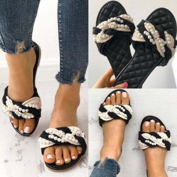 Летняя Мода Дамы Жемчуг Тканые Тапочки Женщин Плоские Сандалии Пляж Черные Тапочки 
Летняя Мода Дамы Жемчуг Тканые Тапочки Женщин Плоские Сандалии Пляж Черные Тапочки