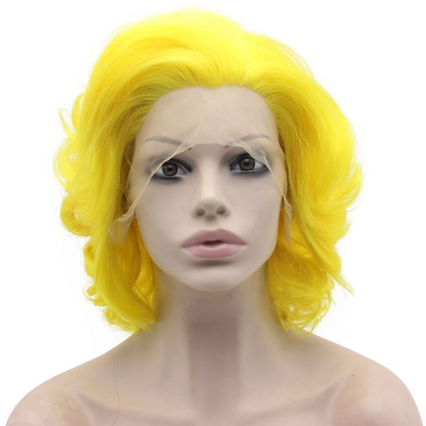 short curly yellow synthetic lace front stylish wig, Black 
short curly yellow synthetic lace front stylish wig, Black