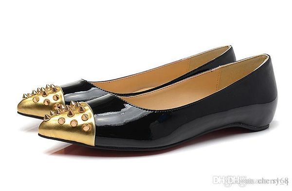 черная лакированная кожа золотая головная гвоздь с шипами красная нижняя женская обувь плоская женская обувь низкая обувь туфли на высоком к, Black
