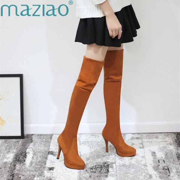 

new thigh high boots women big size 32-44 autumn winter platform shoes round toe 12cm thin high heels over the knee boots maziao, Black