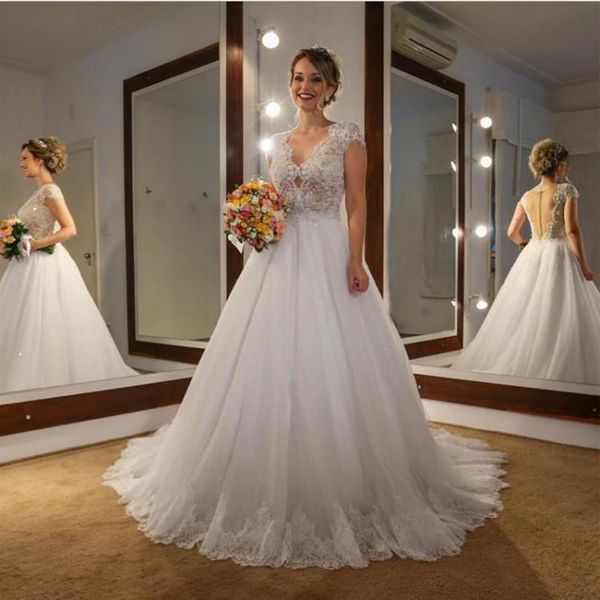 2019 lace country wedding dresses court train applique pleats beads short sleeve backless a-line tulle bridal gowns vestios de novia w290, White
2019 lace country wedding dresses court train applique pleats beads short sleeve backless a-line tulle bridal gowns vestios de novia w290, White