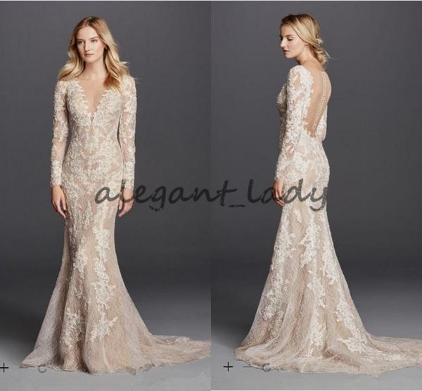 mermaid champagne wedding dresses long sleeve v neck full lace detail and button back modest bridal gowns, White
mermaid champagne wedding dresses long sleeve v neck full lace detail and button back modest bridal gowns, White