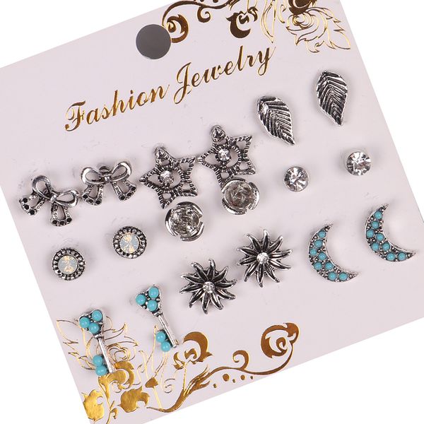 9 pairs of retro ear stud multi-element leaves moon key diamond earrings earrings set combination accessories jewelry ing, Golden;silver
9 pairs of retro ear stud multi-element leaves moon key diamond earrings earrings set combination accessories jewelry ing, Golden;silver