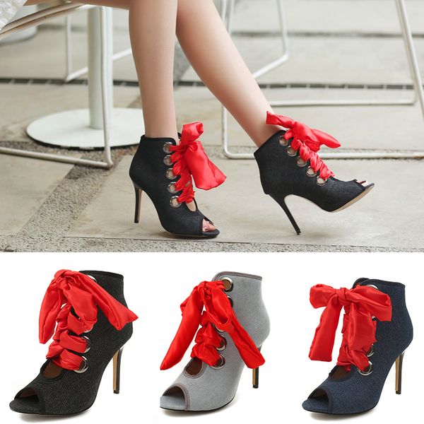 women's stiletto ankle boots 2018 fashion summer denim high heel peep toe laced up ladies dress booties, Black
women's stiletto ankle boots 2018 fashion summer denim high heel peep toe laced up ladies dress booties, Black