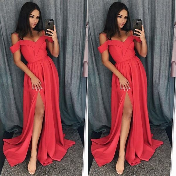 off the shoulder long prom dresses spaghetti straps satin floor length split side red pink light sky blue party dresses real image, Black 
off the shoulder long prom dresses spaghetti straps satin floor length split side red pink light sky blue party dresses real image, Black
