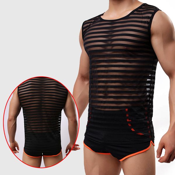 men stripe undershirt transparent mesh oneck vest slim tshirt tank breathable summer vest wholesale, White;black
men stripe undershirt transparent mesh oneck vest slim tshirt tank breathable summer vest wholesale, White;black