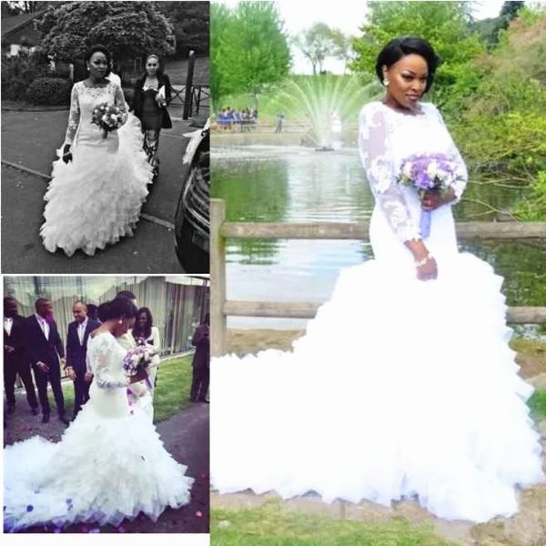 new ruffles tiered skirt plus size wedding dress long sleeve appliques lace sweep train luxury bridal gowns vestido de noiva, White
new ruffles tiered skirt plus size wedding dress long sleeve appliques lace sweep train luxury bridal gowns vestido de noiva, White