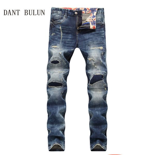 

dant bulun men jeans patches ripped biker jeans hip hop casual cotton hole denim slim fit hip hop blue distressed pants,s871