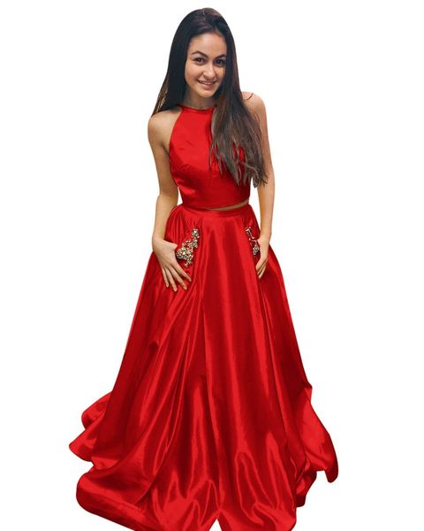2018 new design two piece halter keyhole back satin prom dress evening gown with beaded pockets homcecoming gown, Black;red
2018 new design two piece halter keyhole back satin prom dress evening gown with beaded pockets homcecoming gown, Black;red