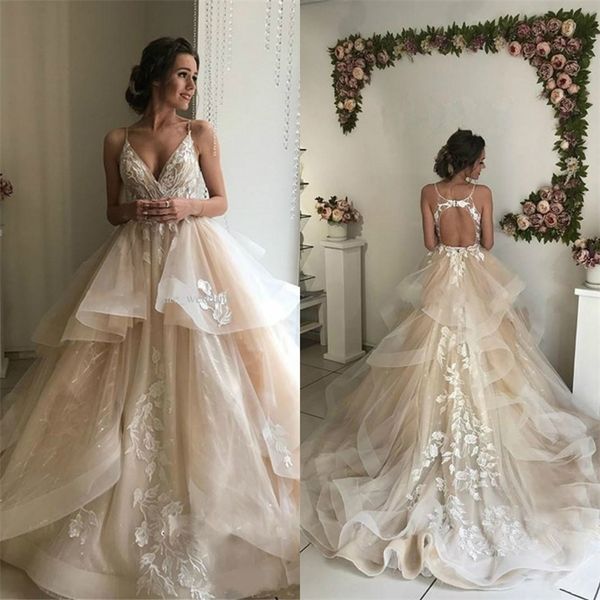2019 champagne a line wedding dresses v neck spaghetti straps appliques lace tulle tiered backless bridal gowns elegant wedding dress, White
2019 champagne a line wedding dresses v neck spaghetti straps appliques lace tulle tiered backless bridal gowns elegant wedding dress, White