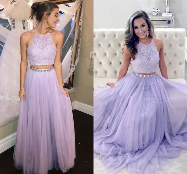 2018 lavender halter two piece prom dresses sleeveless beading lace appliques tulle floor length backless party evening dresses custom made, Black
2018 lavender halter two piece prom dresses sleeveless beading lace appliques tulle floor length backless party evening dresses custom made, Black