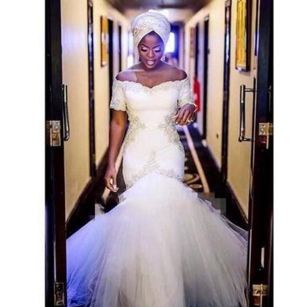 south african robe de mariage glamorous mermaid wedding dresses with half sleeves off-shoulder beads appliqued plus size wedding dress, White
south african robe de mariage glamorous mermaid wedding dresses with half sleeves off-shoulder beads appliqued plus size wedding dress, White