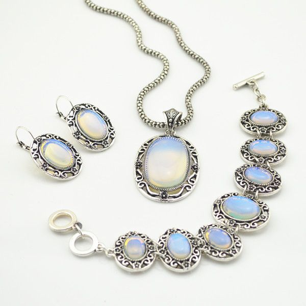 

s9 opal stone hollow necklace pendant & earring & ring per set jewlery set ,vintage look,tibet alloy, wholesaler, Silver