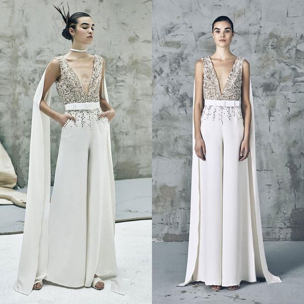 special design elie saab jumpsuit prom dresses sheer sequins beaded v neck formal evening gowns with wrap saudi style reception dress, Black
special design elie saab jumpsuit prom dresses sheer sequins beaded v neck formal evening gowns with wrap saudi style reception dress, Black